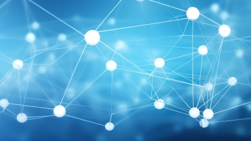 Abstract visual of a network with bright nodes and dark blue background