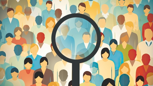 stock image of a graphic magnifying glass looking into a crowd of digital people