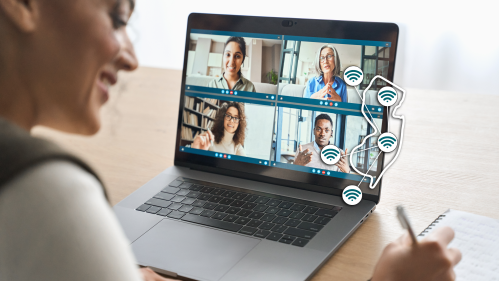 Woman taking notes while on virtual meeting with New Jersey state outline overtop