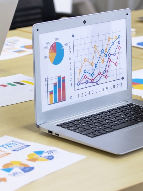 laptop showing data on work table