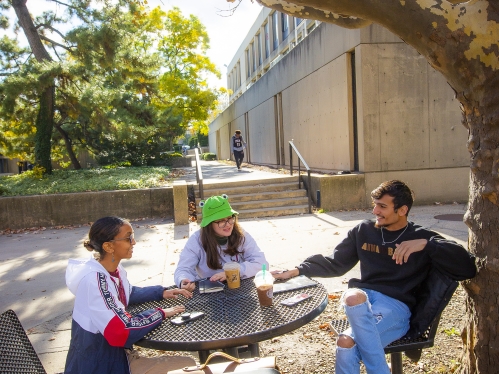 Students at table under tree